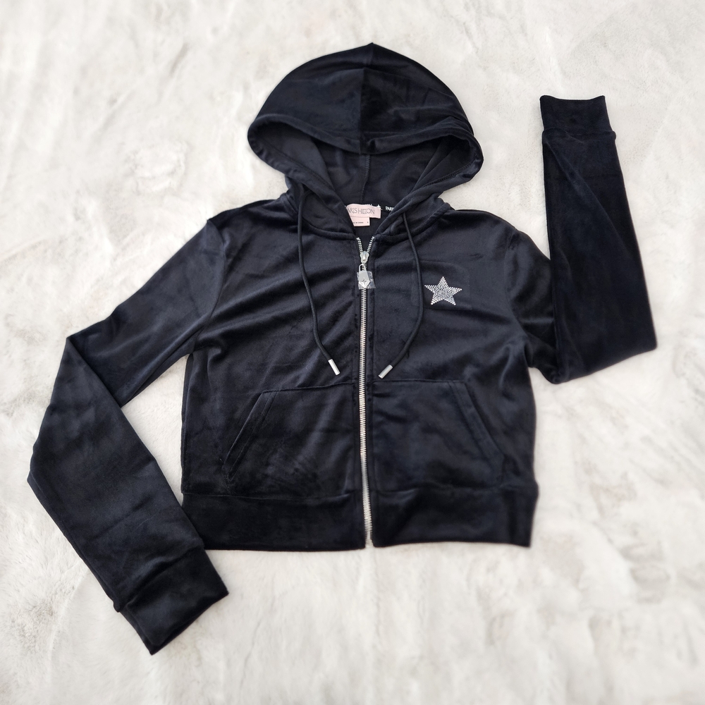 Paris Hilton Y2k Millenial Suede Velvet Cropped Hoodie Black Zip Up